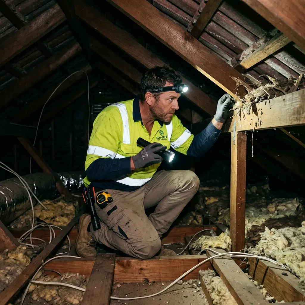 Technician inspecting a Cherokee subfloor void for a deceased cat